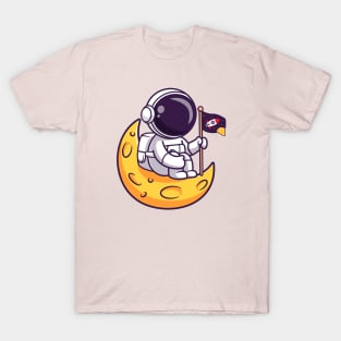 Cute Astronaut Holding Flag On Moon Cartoon T-Shirt